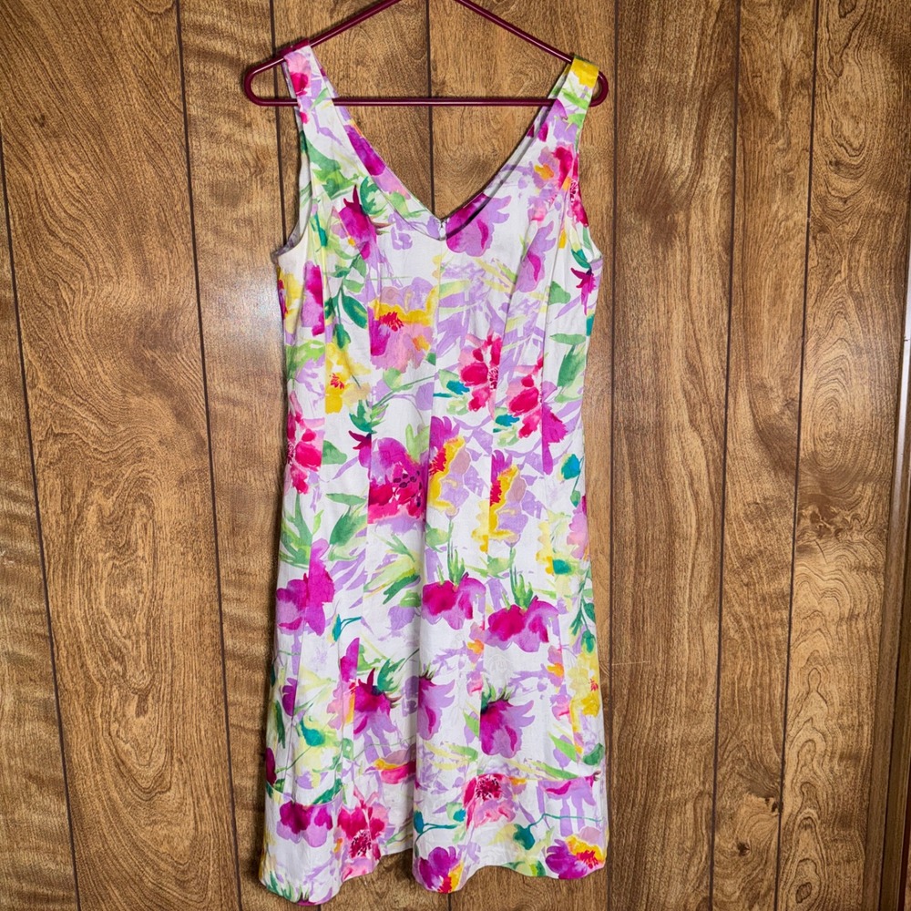 Chaps Womens Floral V-Neck Sleeveless Jacquard Sheath Dress Pink Purple Size 12